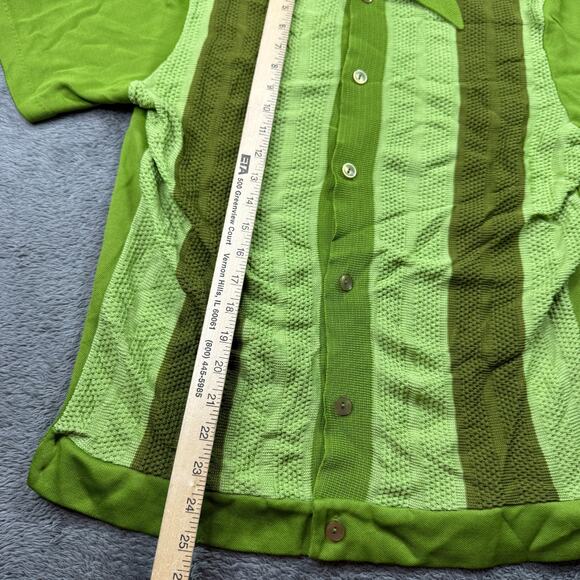 Vintage 60s Carleton California Knit Shirt Lime Green Mod Stripe Dagger Collar M - Picture 6 of 7